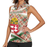 Hungary Christmas Women Sleeveless Polo Shirt with Red Green Plaid Pattern Crown and Double Cross Motif - Wonder Print Shop