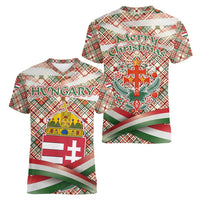Hungary Christmas Women V-Neck T-Shirt with Red Green Plaid Pattern Crown and Double Cross Motif - Wonder Print Shop