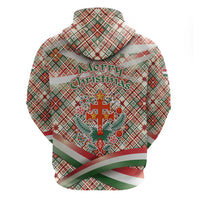 Hungary Christmas Zip Hoodie with Red Green Plaid Pattern Crown and Double Cross Motif - Wonder Print Shop
