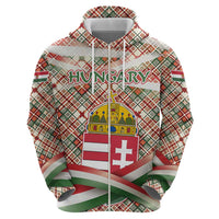 Hungary Christmas Zip Hoodie with Red Green Plaid Pattern Crown and Double Cross Motif - Wonder Print Shop