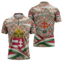 Hungary Christmas Zipper Polo Shirt with Red Green Plaid Pattern Crown and Double Cross Motif - Wonder Print Shop