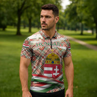 Hungary Christmas Zipper Polo Shirt with Red Green Plaid Pattern Crown and Double Cross Motif - Wonder Print Shop