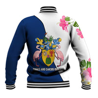 Turks and Caicos Islands Baseball Jacket with Flamingos Floral Pattern and National Crest Design - Wonder Print Shop