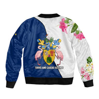 Turks and Caicos Islands Bomber Jacket with Flamingos Floral Pattern and National Crest Design - Wonder Print Shop