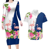 Turks and Caicos Islands Couples Matching Long Sleeve Bodycon Dress and Hawaiian Shirt with Flamingos Floral Pattern and National Crest Design - Wonder Print Shop