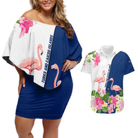 Turks and Caicos Islands Couples Matching Off Shoulder Short Dress and Hawaiian Shirt with Flamingos Floral Pattern and National Crest Design - Wonder Print Shop