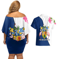 Turks and Caicos Islands Couples Matching Off Shoulder Short Dress and Hawaiian Shirt with Flamingos Floral Pattern and National Crest Design - Wonder Print Shop