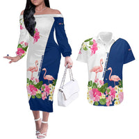 Turks and Caicos Islands Couples Matching Off The Shoulder Long Sleeve Dress and Hawaiian Shirt with Flamingos Floral Pattern and National Crest Design - Wonder Print Shop