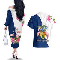 Turks and Caicos Islands Couples Matching Off The Shoulder Long Sleeve Dress and Hawaiian Shirt with Flamingos Floral Pattern and National Crest Design - Wonder Print Shop