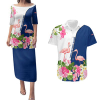 Turks and Caicos Islands Couples Matching Puletasi and Hawaiian Shirt with Flamingos Floral Pattern and National Crest Design - Wonder Print Shop