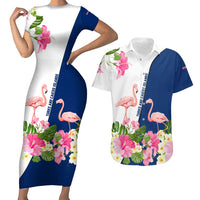 Turks and Caicos Islands Couples Matching Short Sleeve Bodycon Dress and Hawaiian Shirt with Flamingos Floral Pattern and National Crest Design - Wonder Print Shop