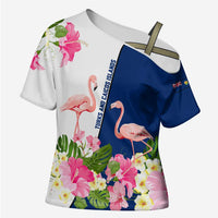 Turks and Caicos Islands Cross Shoulder Shirt with Flamingos Floral Pattern and National Crest Design - Wonder Print Shop