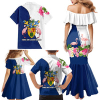 Turks and Caicos Islands Family Matching Mermaid Dress and Hawaiian Shirt with Flamingos Floral Pattern and National Crest Design - Wonder Print Shop