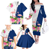 Turks and Caicos Islands Family Matching Off The Shoulder Long Sleeve Dress and Hawaiian Shirt with Flamingos Floral Pattern and National Crest Design - Wonder Print Shop
