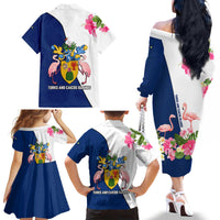 Turks and Caicos Islands Family Matching Off The Shoulder Long Sleeve Dress and Hawaiian Shirt with Flamingos Floral Pattern and National Crest Design - Wonder Print Shop