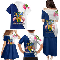 Turks and Caicos Islands Family Matching Puletasi and Hawaiian Shirt with Flamingos Floral Pattern and National Crest Design - Wonder Print Shop
