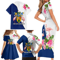 Turks and Caicos Islands Family Matching Short Sleeve Bodycon Dress and Hawaiian Shirt with Flamingos Floral Pattern and National Crest Design - Wonder Print Shop