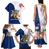 Turks and Caicos Islands Family Matching Tank Maxi Dress and Hawaiian Shirt with Flamingos Floral Pattern and National Crest Design - Wonder Print Shop