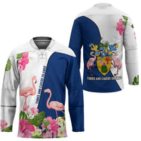 Turks and Caicos Islands Hockey Jersey with Flamingos Floral Pattern and National Crest Design - Wonder Print Shop