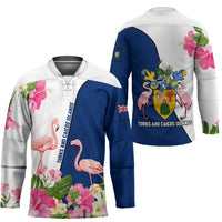 Turks and Caicos Islands Hockey Jersey with Flamingos Floral Pattern and National Crest Design - Wonder Print Shop
