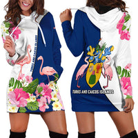 Turks and Caicos Islands Hoodie Dress with Flamingos Floral Pattern and National Crest Design - Wonder Print Shop
