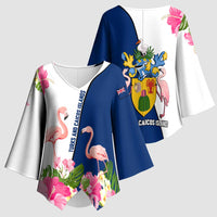 Turks and Caicos Islands Kimono Sleeve Blouse with Flamingos Floral Pattern and National Crest Design - Wonder Print Shop