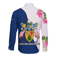 Turks and Caicos Islands Long Sleeve Button Shirt with Flamingos Floral Pattern and National Crest Design - Wonder Print Shop