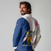 Turks and Caicos Islands Long Sleeve Polo Shirt with Flamingos Floral Pattern and National Crest Design - Wonder Print Shop