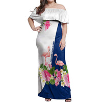 Turks and Caicos Islands Off Shoulder Maxi Dress with Flamingos Floral Pattern and National Crest Design - Wonder Print Shop