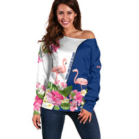 Turks and Caicos Islands Off Shoulder Sweater with Flamingos Floral Pattern and National Crest Design - Wonder Print Shop