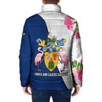 Turks and Caicos Islands Padded Jacket with Flamingos Floral Pattern and National Crest Design - Wonder Print Shop