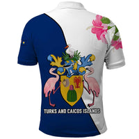 Turks and Caicos Islands Polo Shirt with Flamingos Floral Pattern and National Crest Design - Wonder Print Shop