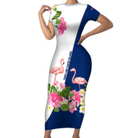 Turks and Caicos Islands Short Sleeve Bodycon Dress with Flamingos Floral Pattern and National Crest Design - Wonder Print Shop