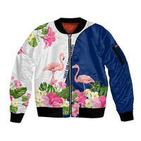 Turks and Caicos Islands Sleeve Zip Bomber Jacket with Flamingos Floral Pattern and National Crest Design - Wonder Print Shop
