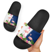 Turks and Caicos Islands Slide Sandals with Flamingos Floral Pattern and National Crest Design - Wonder Print Shop