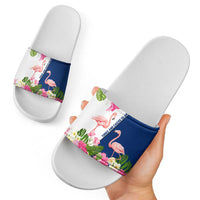 Turks and Caicos Islands Slide Sandals with Flamingos Floral Pattern and National Crest Design - Wonder Print Shop