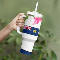 Turks and Caicos Islands Tumbler With Handle with Flamingos Floral Pattern and National Crest Design - Wonder Print Shop