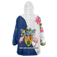 Turks and Caicos Islands Wearable Blanket Hoodie with Flamingos Floral Pattern and National Crest Design - Wonder Print Shop