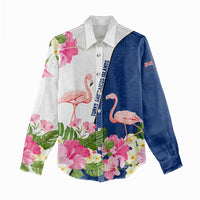 Turks and Caicos Islands Women Casual Shirt with Flamingos Floral Pattern and National Crest Design - Wonder Print Shop
