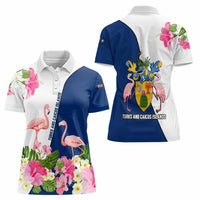 Turks and Caicos Islands Women Polo Shirt with Flamingos Floral Pattern and National Crest Design - Wonder Print Shop