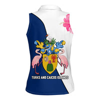 Turks and Caicos Islands Women Sleeveless Polo Shirt with Flamingos Floral Pattern and National Crest Design - Wonder Print Shop
