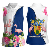 Turks and Caicos Islands Women Sleeveless Polo Shirt with Flamingos Floral Pattern and National Crest Design - Wonder Print Shop