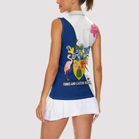 Turks and Caicos Islands Women Sleeveless Polo Shirt with Flamingos Floral Pattern and National Crest Design - Wonder Print Shop