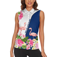 Turks and Caicos Islands Women Sleeveless Polo Shirt with Flamingos Floral Pattern and National Crest Design - Wonder Print Shop