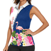 Turks and Caicos Islands Women Sleeveless Polo Shirt with Flamingos Floral Pattern and National Crest Design - Wonder Print Shop
