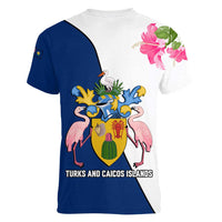 Turks and Caicos Islands Women V-Neck T-Shirt with Flamingos Floral Pattern and National Crest Design - Wonder Print Shop