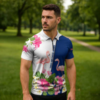 Turks and Caicos Islands Zipper Polo Shirt with Flamingos Floral Pattern and National Crest Design - Wonder Print Shop