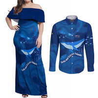 Turks and Caicos Islands Couples Matching Off Shoulder Maxi Dress and Long Sleeve Button Shirt with Blue Ocean Whale and Coral Reef Design - Wonder Print Shop