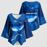 Turks and Caicos Islands Kimono Sleeve Blouse with Blue Ocean Whale and Coral Reef Design - Wonder Print Shop