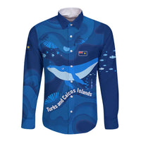 Turks and Caicos Islands Long Sleeve Button Shirt with Blue Ocean Whale and Coral Reef Design - Wonder Print Shop